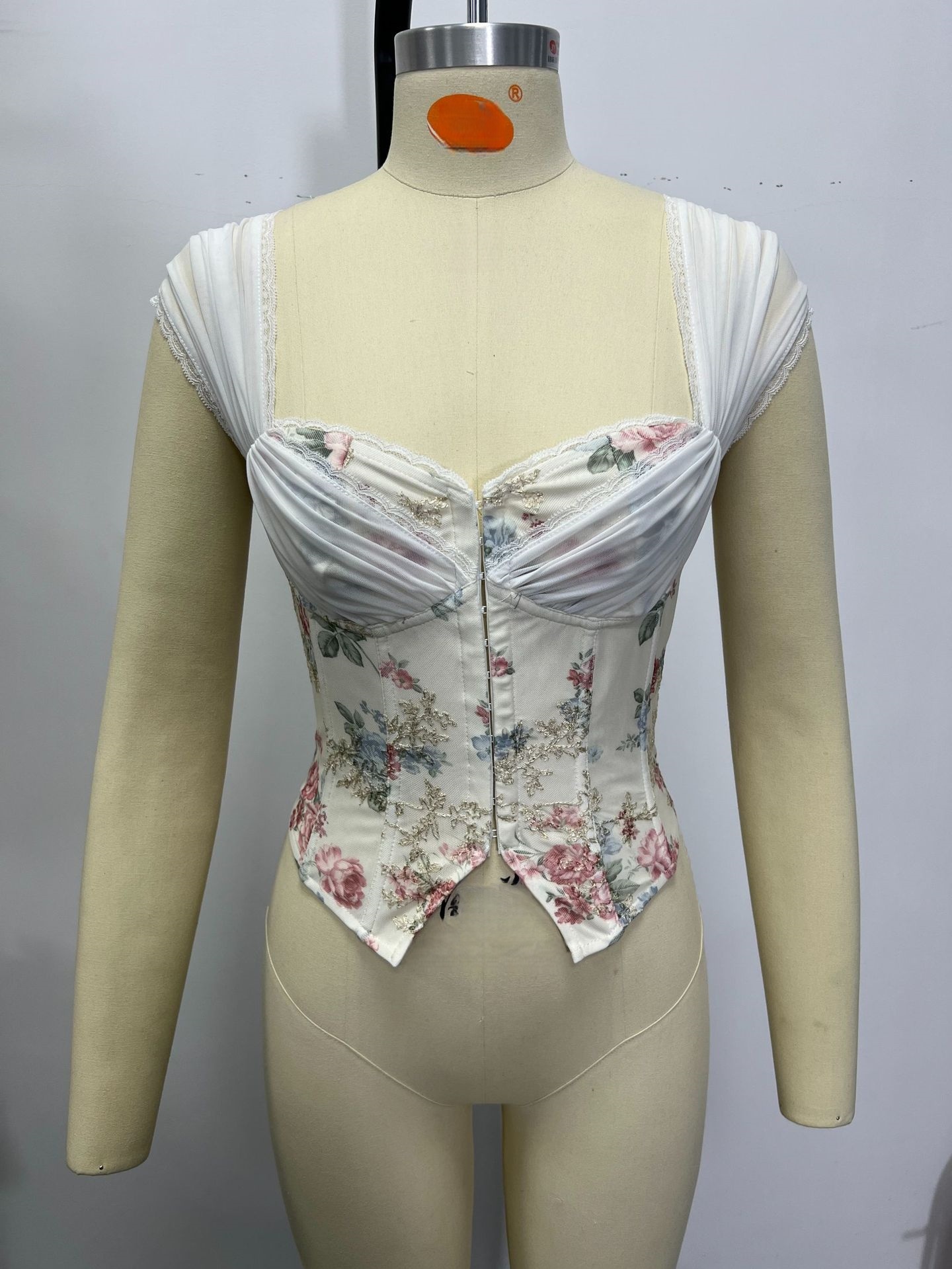 Floral Print Off-Shoulder Corset Mesh Waistband Tank Top Slim Fishbone Corset